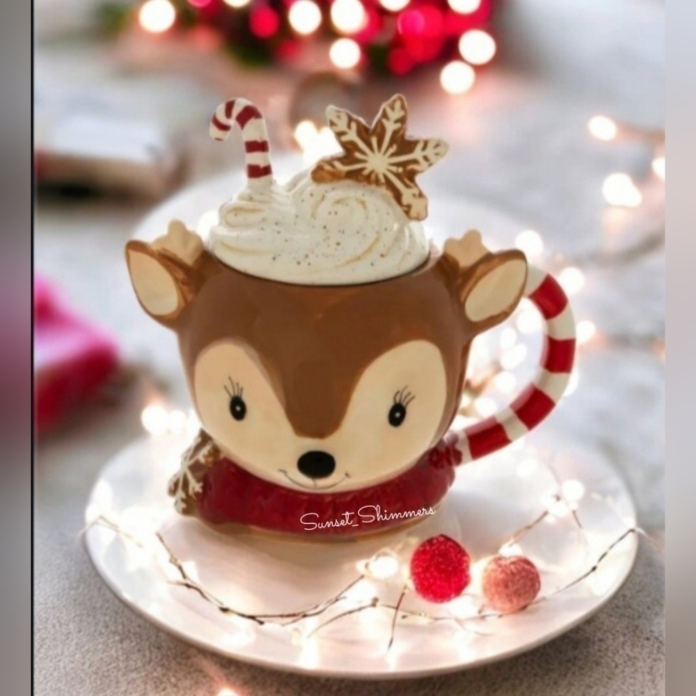 Retro Reindeer Coffee MUG Whipped Cream Gingerbread Cookie Top Tier Tray Decor